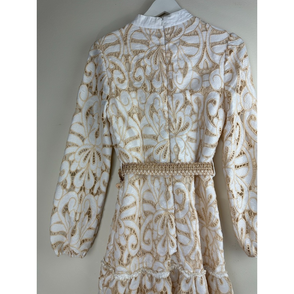 Mulla Embroidery Floral Lace Mock Neck Long Sleeve Mini Dress Ivory Belted Small - Picture 11 of 14